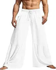 [JEShifangjiusu] Unisex Baggy Flared Trouser Elastic Waist Summer Beach Pant Montage Comfy Loose Yoga Pants with Drawstirng (White,Small)
