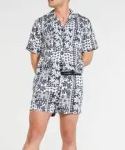 NEW PETER ALEXANDER MENS PALM TILE SHIRT TOP & BOXER SHORTS NAVY CREAM M $119.90