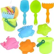 ZCOINS 8 Pcs Buckets and Spades Beach Sand Pit Toys for Kids, Beach Water Play Sandbox Toys Set with Mesh Bag Sand Molds Shovel for Kids Boys Girls Travel Summer Outdoor