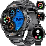 Military Smart Watch for Men Answer/Make Calls, 500mAH Outdoor Sport Fitness Tracker Watch with 100+ Sports Modes, 1.43" AMOLED Rugged Tactical Smartwatch for Android iOS with Pedometer Calories