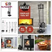 Grillz Fireplace Tool Set Fire Place Tools Poker Brush Shovel Stand Tongs 5 PCS