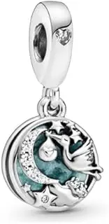 [The Charmery] Baby Stork and Twinking Stars and Moon Charm 925 Silver Charm Compatible with Pandora Charms, Trollbeads, Chamilia, Biagi and Many Other UK Charm Bracelets., Small, Metal, No Gemstone