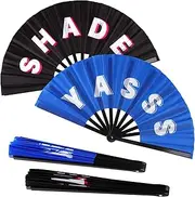 Plzoslly 2 Pack Large Folding Hand Fan Men/Women Rave Fan, Chinese Kung Fu Tai Chi Hand Fan Black Vintage Foldable Hand Fans for Dancing, Festival, Gift, Home Decorations(Shade&Yasss)
