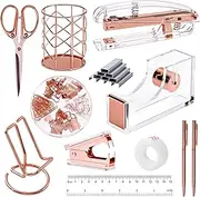 EOOUT Rose Gold Desk Accessories, Office Supplies and Accessories Set, Acrylic Stapler Set, Staple Remover, Phone Holder, Pen Holder, Scissor, Ruler, Transparent Tape