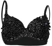 [Wzmzjy] Sequin Crop Top Corset Clubwear for Performance Festival Belly Dance, black, L