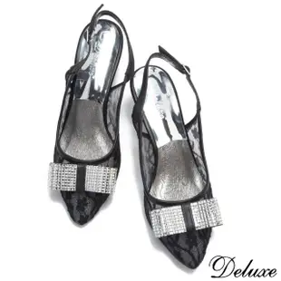 【Deluxe】法式性感蕾絲水鑽蝴蝶結尖頭涼跟鞋(黑)