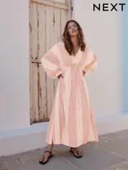 Pink/White Maxi Long Sleeve Kaftan Cover-Up (F14924) | $92