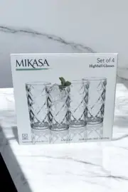 NEW Set of 4 Mikasa Ansley Crystal Diamond Cut Highball Glasses 11.75 oz