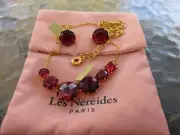 NEW LES NENEIDES YELLOW GOLD AND FACETED RED STONE NECKLACE AND EARRINGS SET