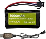 7.4V 1000mAh 2S Li-ion Battery with SM-3P Plug and USB Charging Cable Suitable for DE82 TK3086B G20601 RC Car TK-3082B Stunt Flip Car Battery C60 Truck Battery