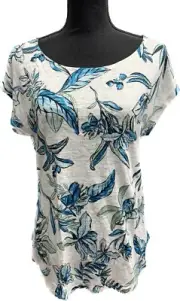 Tahari %100 Linen Cap Sleeve White Leaf Floral Blue Print T-Shirt Top Small NEW