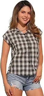 [Allegra K] Women's Summer Plaid Tops Short Sleeves Button Down Shirt