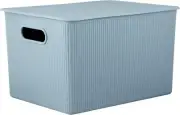 Superio 22L Large Stone Blue Ribbed Storage Bin with Lid, Plastic Storage Bin