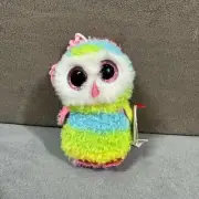 NWT Ty Beanie Boo Owen Rainbow Owl 2018 Keychain Clip Charm Plush Toy