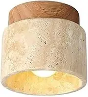 Mid Century Modern Travertine Ceiling Light – Semi Flush Mount Natural Stone and Wood Light Fixture – Hallway Light Fixtures Modern Farmhouse for Kitchen, Bathroom, Entryway,Wood