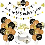 We Will Miss You Banner Coworker Going Away Farewell Decorations Gold Black Glitter Dot Circle Garland Triangle Flag Banner For Goodbye, Retirement, Job Change, later traitor party supplies