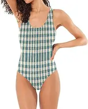 [RPLIFE] Greens Whites Gingham Checkerboard Low Back Bathing Suit, Padded One-Piece Swimsuit 1 Piece Swimsuits for Women, Greens Whites Gingham Checkerboard, Small