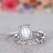 3 CT Halo Emerald Cut Moissanite Wedding Bridal Ring Set 14k White Gold Finish