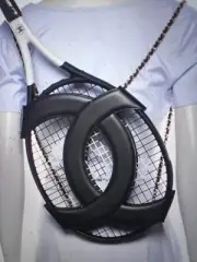 CHANEL 23S NEW TAGS 2-PIECE TENNIS CC RACKET BLACK LEATHER CC GOLD CHAIN CASE