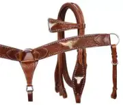 Western Brown Leather Set of Headstall & Breast Collar: Bull Head