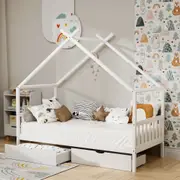 Artiss Bed Frame Wooden Base Kids Single Timber House Beds with 2 Storage Drawers White