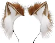 Handmade Fur Fox Cat Ears Headband Fursuit Headwear Cosplay Costume Party Accessories (Khaki White)