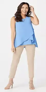 Susan Graver Womens 3X Liquid Knit Sleeveless Top Blue Woven Overlay NWT
