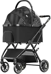 Pet Stroller Dog Stroller Cat Stroller Folding Dog Stroller with Wheels Travel Pet Cat Stroller with Storage Basket Puppy Stroller for Medium Small Pet Dog Pram Dog Cat(Color:Black)