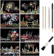 Scratch Art Paper, Rainbow Night View Scratchboard Pads for Adults and Kids, Mini Envelope Postcard Art & Crafts Set: 8 Sheets Scratch Cards & Drawing Pen, Clean Brush 7.9"x5.5"(Fireworks/Building)