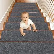 Stair Treads for Wooden Steps Indoor Non-Slip Carpet Peel and Stick Stair Treads, 8"x30" Runner Rug Slip Resistant for Dogs Kids and Elders, Grey White, 15PCS