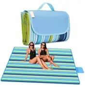 Picnic Blanket Beach Blankets 80"x60"， Large Sandproof Waterproof Blue Stripes