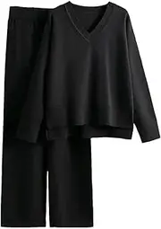 [Generic] Knitted Sweater 2 Peice Set Women Spring Winter Warm V-Neck Pullover Tops Elastic Waist Straight Pant Suits