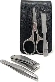 Shpitser Manicure and Pedicure Set of 4 Surgical Stainless Steel Instruments, Made in Solingen, Germany, Luxury Topinox Grooming Kit In Full Grain Nappa Leather Case (Black)