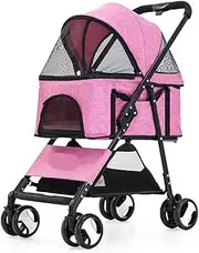 Pet Stroller Dog Stroller Cat Stroller Foldable Pet Stroller with Storage Basket, Dog Stroller with Detachable Carrier Travel Cats Stroller Dog Pram Dog Cat(Color:Pink)
