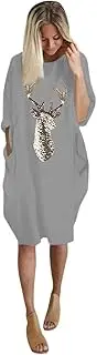 iQKA Womens Plus Size Loose Tops, Ladies O Neck Long Sleeve Pocket Christmas Dress Casual Tunic Shirt Dress S-5XL