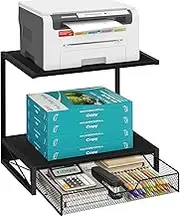ELITEROO 2-Tier Printer Shelf with Drawers, Wooden Desk Organizer Shelf for Small Printers and Office Supplies, Desktop Storage Rack for Books, Folders, Scanner, Fax Machine, 3D Printer, Black