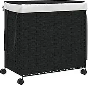 vidaXL Laundry Basket with Wheels - Black Rattan Washing Hamper - Removable Liner - Foldable Design - 3 Sortable Compartments - Rustic Charm - 60x35x60.5 cm