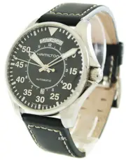 Hamilton Khaki Pilot Automatic 25 Jewels H64615735 Mens Watch Black Dial Luminous Hands Leather Strap 100M