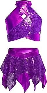 [Sinleey] Kids Girls Metallic Hip Hop Jazz Dance Outfit Shiny Sequin Sleeveless Crop Top And Irregular Mini Skirt