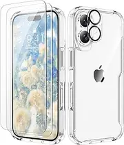 4 in 1 Compatible with iPhone 16 Plus Case 6.1 Inch, with[2X Screen Protector &Camera Lens Protector],[Anti-Yellowing] Shockproof Bumper Cover for iPhone 16 Plus Phone Case-Clear