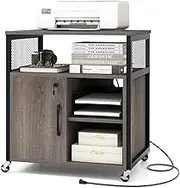 Giantex Rolling File Cabinet with Charging Station, Mobile Lateral Filing Cabinet with Lock, Adjustable Shelf, Metal Frame, Modern Printer Stand on Lockable Wheels for Home Office (Grey)