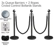 3x Queue Barriers + 2 Twisted Ropes Crowd Control Bollards BLACK POLE+BLACK ROPE