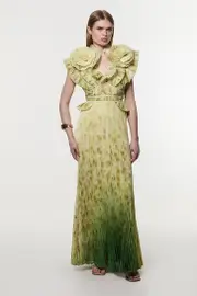 Petite Crinkle Pleat Border Print Maxi Dress With Rosette Detail