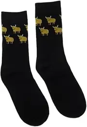 [GLEN APPIN OF SCOTLAND] Cotton Black Socks Ladies One Size Scottish Highland Cow High Crew Universal Gift, Black, One Size