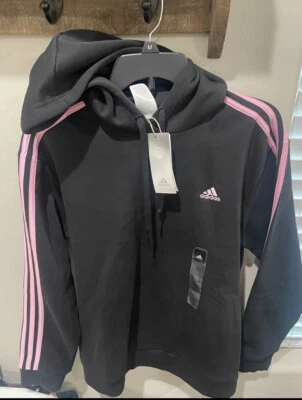 NEW adidas Womens Track Hoodie XS Black/Pink Pullover Sweatshirt