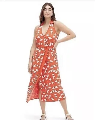 ☀️(M) DVF Collared Sleeveless Ginkgo Cherry Tomato Sweaterknit Wrap Dress
