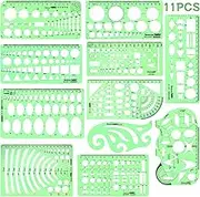 11PCS Geometric Drawings Templates, Drafting Stencils Measuring Tools, Transparent Green Plastic Ruler, for Architecture, Office, Studying, Designing