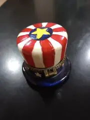 Patriotic Stars and Stripes Uncle Sam Hat Hinged Trinket Box with Star Charm