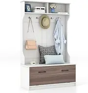 Giantex 160 CM Hall Tree with Storage Shoe Bench, Freestanding Home Organizer w/ 5 Double Hooks, Multifunctional Entryway Bench with Coat Rack for Entryway Bedroom (White)