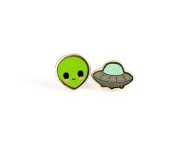 Cute Adorable Alien and Spaceship Kawaii Style Earrings 22K Gold Plated New